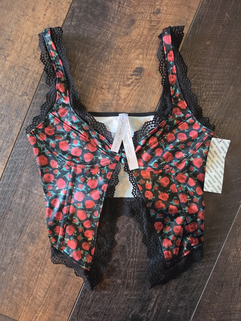 Urban Outfitters Cherry Print Lace Corset Top NWT Size Small Red Black Bustier